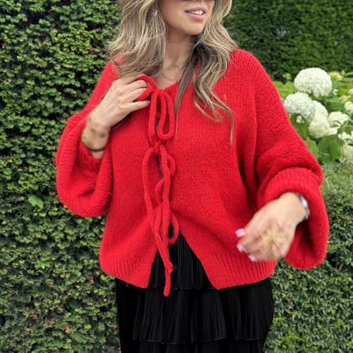 Image of Women Knitted Tie Front Cardigan Tops Casual Knitwear Top Long Sleeve Open Front Baggy Sweater Y2k Girls Outwear