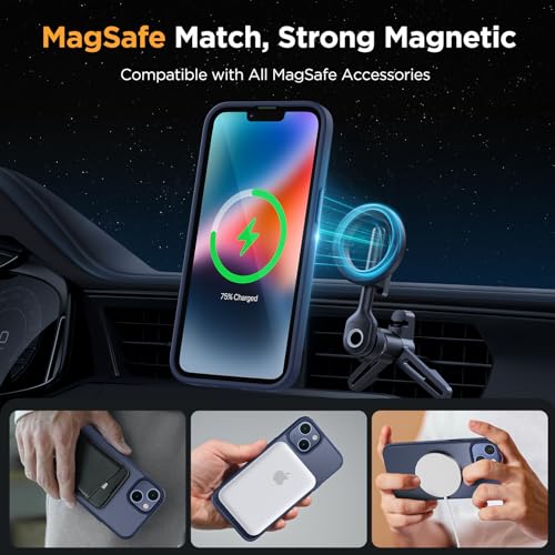 Image of Miracase Magnetic for iPhone 14 Plus Case 6.7 inch (Compatible with MagSafe)(with 2X Screen Protectors) Military-Grade Protection, Anti-Fingerprint Translucent Matte Phone Case Cover, Dark Blue