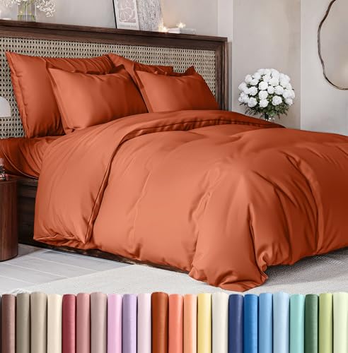 Image of Duvet Cover Queen Size Set - Extra Soft Queen Duvet Cover 90 inch x 90 inch with 2 Pillow Shams for Women, Men, Kids & Teens - Hotel Luxury w / Zipper Closures & Ties - Comfy, Cozy & Breathable (Terracotta)