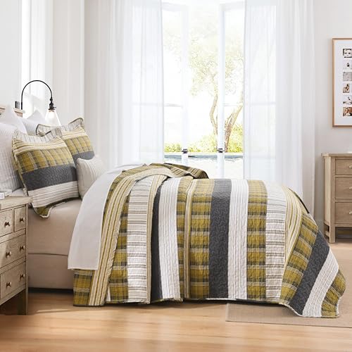 Image of Homzard King Comforter,Cotton King Size Quilt,Amber Green Black Bedding Set,Plaid Striped Bedspread,Lightweight Reversible Coverlet 3 Pieces