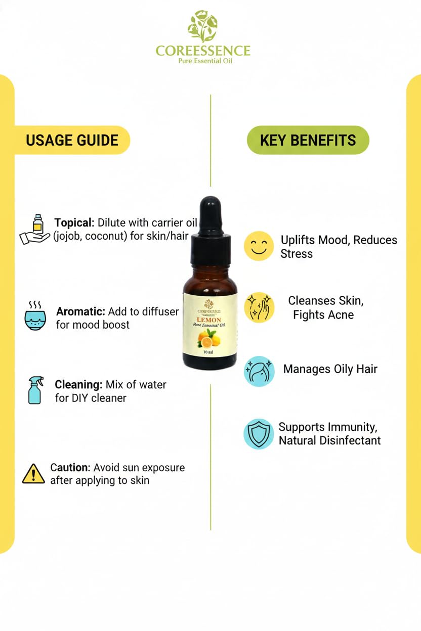 Lemon Essential Oil COREESSENCE 10ml, Aromatherapy Wellness Oil for Relaxation, Soothing (10ml, Lemon) 3