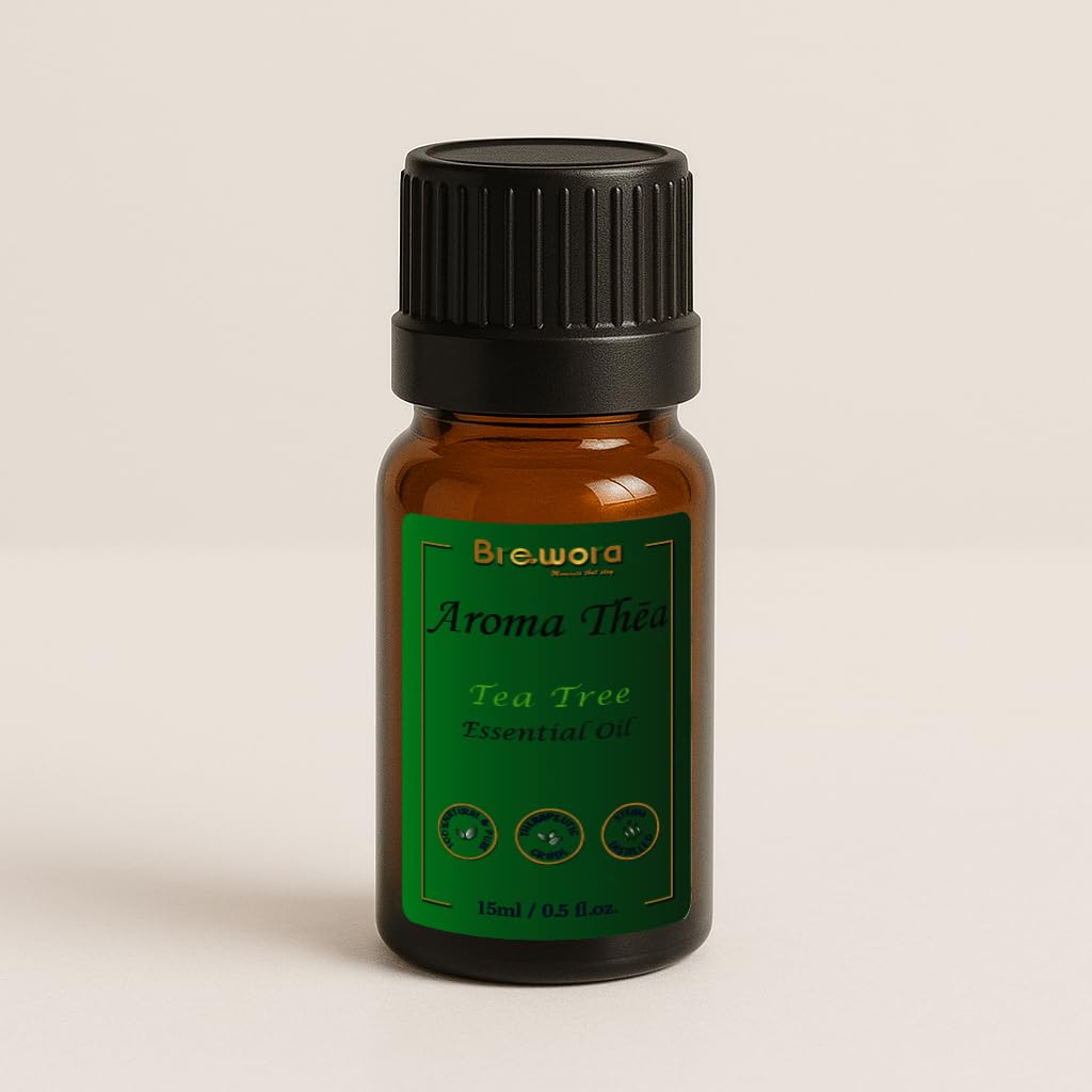 Brewora AromaThēa Tea Tree Essential Oil – 100% Pure & Natural Therapeutic Grade | Steam Distilled, Undiluted | For Skin, Hair, Acne, Dandruff, Aromatherapy & Diffusers | 15ml Bottle