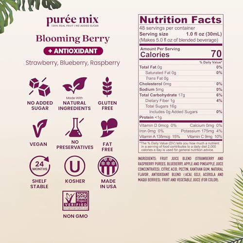 Image of Smartfruit Blooming Berry + Antioxidants - 100% Real Fruit Puree with Strawberries, Blueberries, Raspberries - Great for Smoothies, Juice, Yogurt, Cocktails, Teas - High in Vitamin A & C - 2-Pk, 48oz Each