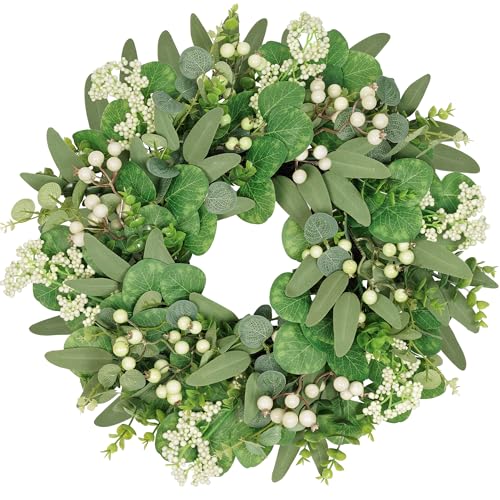 Vlorart 20 Inch Artificial Spring Summer Christmas Greenery Wreaths for Front Door Green Eucalyptus Leaf Wreath Decor Boxwood with Big Berries for Farmhouse Outside - image 1
