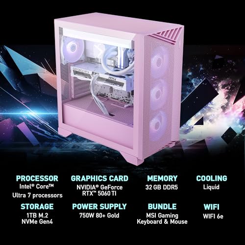 Image of msi Aegis RS2 AI Pink Gaming Desktop PC | NVIDIA GeForce RTX 5060 Ti | Intel Core Ultra 7 270K | 32GB DDR5 RAM | 1TB NVMe SSD | 360mm AIO Liquid Cooling | Wi-Fi 6E | Windows 11 Home | C2NVM7-2254US