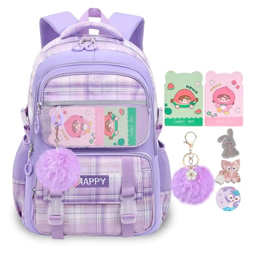HANXIUCAO Schulrucksack Mädchen - Karomuster, atmungsaktiver und wasserabweisender Ranzen für die 1. bis 5. Klasse, Lila