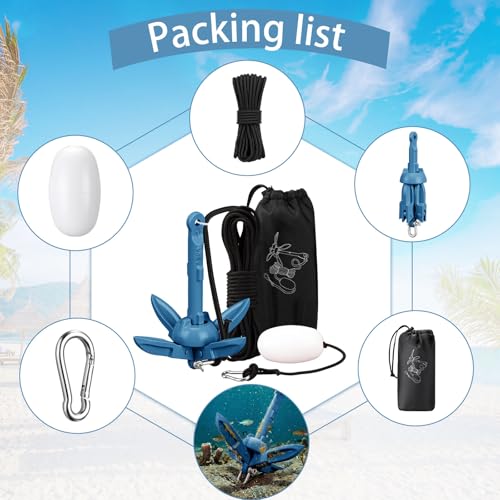 Image of MorningRo 1 Pack 1.5 /3.5 lb Marine Kayak Anchor Kit with 40ft Rope and Buoy Folding Grapnel Boat Anchor Kit Kayak Fishing Accessories for Small Boats, Canoe, SUP Paddle Boards