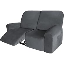 Velvet 6 Pieces Recliner Loveseat Cover, 2 Seaters Lazy Boy Reclining Furniture Protector for Kids and Pet, Non Slip Love Seat Sofa Couch Slipcover, Thick, Washable, Grey