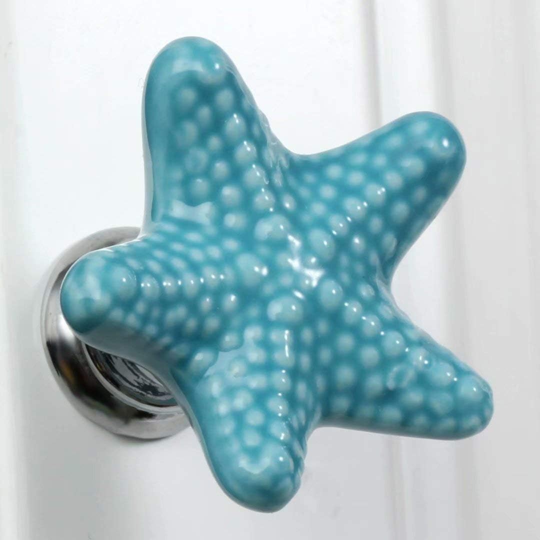 Joyindecor Starfish Ceramic Drawer Pulls Handles for Nursery Dresser Cupboard Wardrobe Cabinets Kitchen, Beach/Ocean Theme Cabinet Knobs, Pack of 6 (Blue)