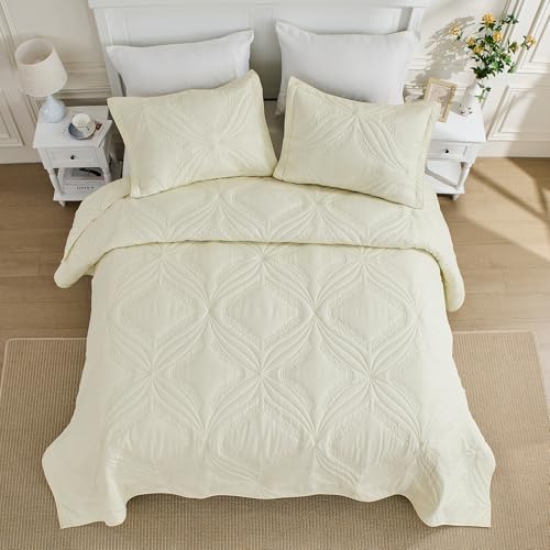 Image of Kingnex Oversized King Bedspreads 128x120 for Tall King or Cal King Bed Ultrasonic Quilted Coverlet Set 3 Piece Include 1 Extra Wide Quilt 2 Pillowcases Cream