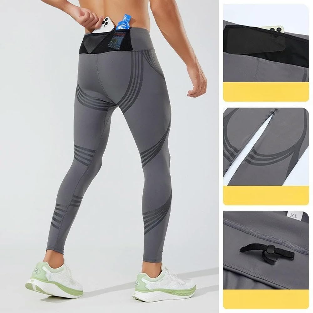 DYRBF - Leggings a compressione da uomo a vita alta con tasche, per corsa, basket, palestra, allenamento, nero, blu, blu navy, grigio