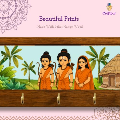 Image of Stylish Wooden Key Holder for Wall | Cute Key Holder for Home Decor | Key Holder Stand with 5 Hooks | Wall Mounted Key Hanger| (Ram Sita & Lakshman Ji)