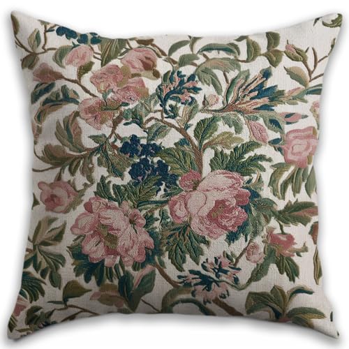 Vintage Floral Throw Pillow Covers, Vintage Flower Pattern Double Sided Cushion Cover, Indoor and Outdoor Home Art Decor Pillowcase for Sofa or Bedroom Decor 18x18inches (Green&Pink, 18x18inches)