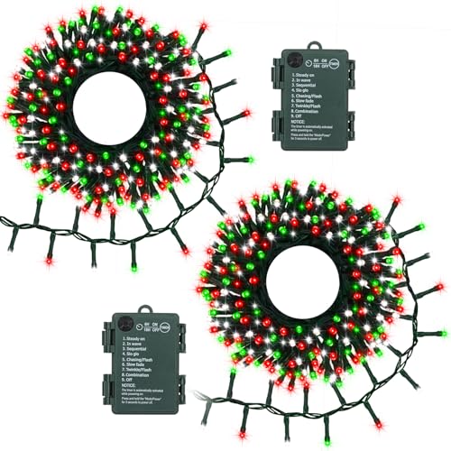 Image of 2 Pack Battery Powered String Lights Total 20Ft 400 LED Christmas Lights | Dark Green Wire Cluster Firecracker String Light Outdoor with Timer 8 Modes for Tree Room Garden Decor (Red White Green)