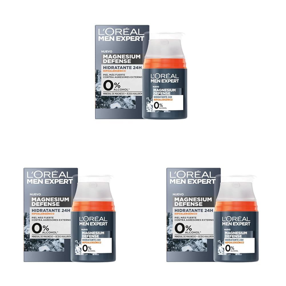 L'Oréal Men Expert, Crema Facial Hidratante 24H Para Hombre, Hipoalergénica Mineral de Magnesio + Ácido Hialurónico, Sin alcohol, Pieles Sensibles, 50 ml (Paquete de 3)
