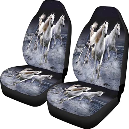 Allinterest Funda de asiento para coche, color blanco, con impresión de caballos, protección de asiento antideslizante, juego completo de 2