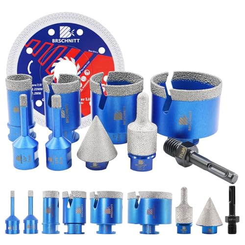 Image of Diamond Core Drill Bit Set - BRSCHNITT Tile Hole Saw Kit 1 /4 inch 5 /16 inch 1 inch 1-3 /8 inch2 inch 2-1 /2 inch & 3 /8 inch-1 inch Finger Bit & 1-3 /8 inchChamfer Bit for Porcelain Tile Ceramic Marble Granite Diamond Blade