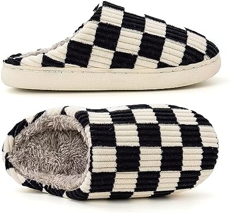 House Slippers for Women Men, Mukinrch Plush Shoes Memory Foam Checkered Womens Casual Fuzzy Bedroom Indoor Outdoor Plaid with Fur Lining Black 5-5.5 Women/3.5-4 Men