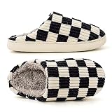 House Slippers for Women Men, Mukinrch Plush Shoes Memory Foam Checkered Womens Casual Fuzzy Bedroom
