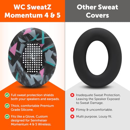 Image of WC SweatZ Momentum 4 - Patented Earpad Covers for Sennheiser Momentum 4 Wireless Over Ear Headphones by Wicked Cushions | Sweatproof & Easily Washable | 90's Black