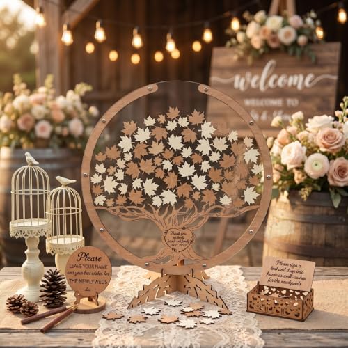 Image of Personalized Fall Maple Tree Drop Box Wedding Guest Book Alternative | Rustic autumn wedding guestbook alternative with leaf drop box, guests sign leaves to fill the maple tree keepsake