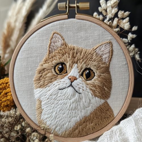 DIY Punch Needle Kits for Beginners Cute British Shorthair Cat with Hoop Embroidery Punch Needle Starter Set Easy for Adults and Kids Festival Gift and Decor 20x20cm