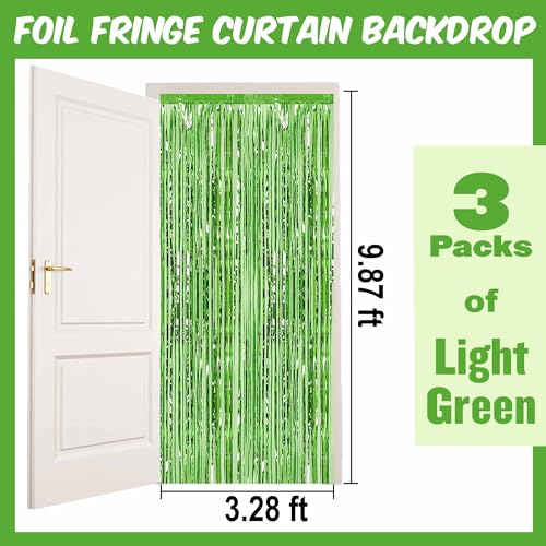 Image of 3 Pack Light Green Foil Fringe Curtains Backdrop, 3.28 x 9.8 Ft Metallic Streamers Tinsel Curtains Background for Photo Booth, Birthday, Halloween, Christmas, Thanksgiving, New Year Party Decorations