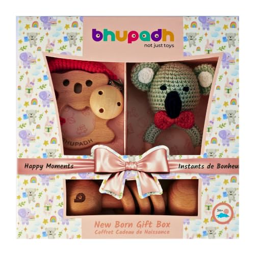Image of Newborn Gift Box Koala Collection 2 (0-12 Months) | 3-in-1 Set with Crochet Rattle, Wooden Dumbbell Ring Rattle & Koala Teether | Montessori Baby Toy| BPA Free | Non-Toxic Cotton & Beechwood | Gift Box