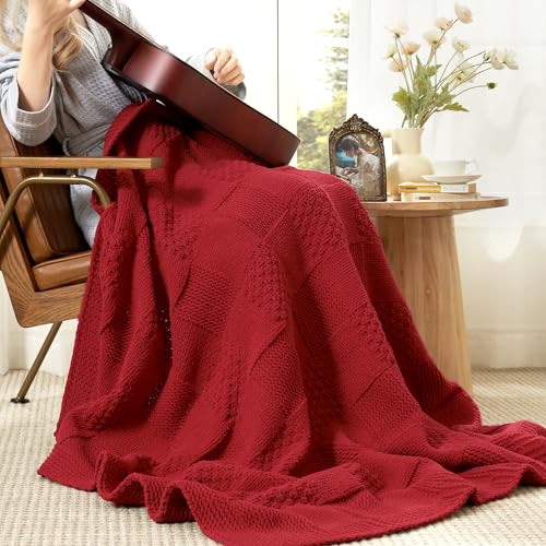 Amélie Home Checkered Chenille Knit Throw Blanket for Couch, Classic Texture Decorative Soft Blanket for Sofa, Chair & Bedroom, 50"x60", Red