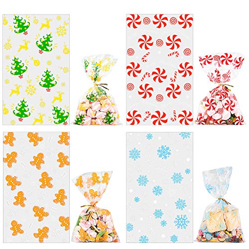 Sacs en cellophane de Noël Whaline avec motif flocon de neige et 200 attaches dorées