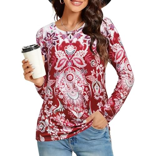 Long Sleeve Shirts for Women Basic Crew Neck Spring Tops Casual Fit Fall T Shirts 2026 Small Z-red Damask