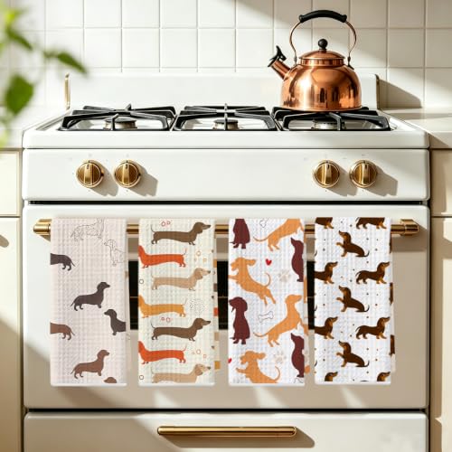 Image of 4 Pcs Cute Dachshund Kitchen Towels, Dachshund Gifts Reusable Dish Towels 4