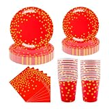 CEILIWEN 100PCS Red Party Tableware Set, Red & Gold Polka Dot Paper Plates