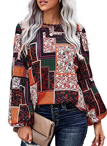 YIJIU Women's Chiffon Boho Printed Crewneck Puff Sleeve Tunic Tops Casual Loose Blouses Shirts,Multi,S