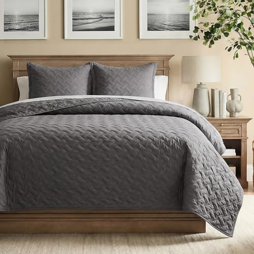 Bedsure Quilts King Size - Grey Bedspreads King Size with Basket Weave Pattern, Soft Quilt Bedding...