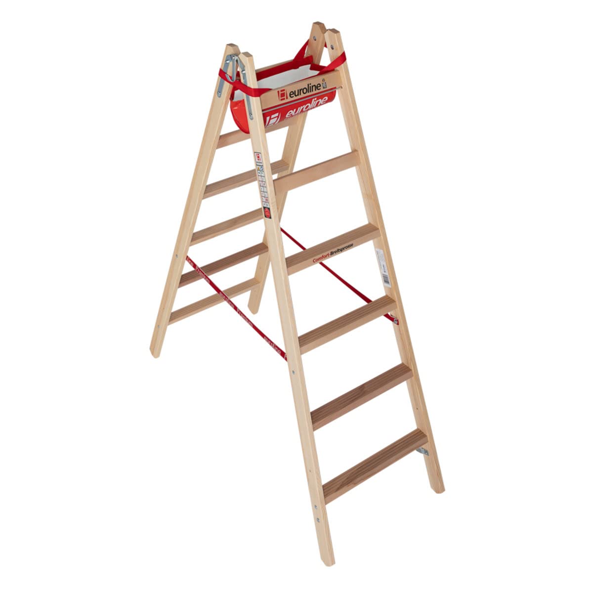 Euroline Holz Comfort Sprossen Stehleiter 2x6 Sprossen - Länge 1,73m 100% Holz, 1,73 Meter, Arbeitshöhe 2,85 Meter