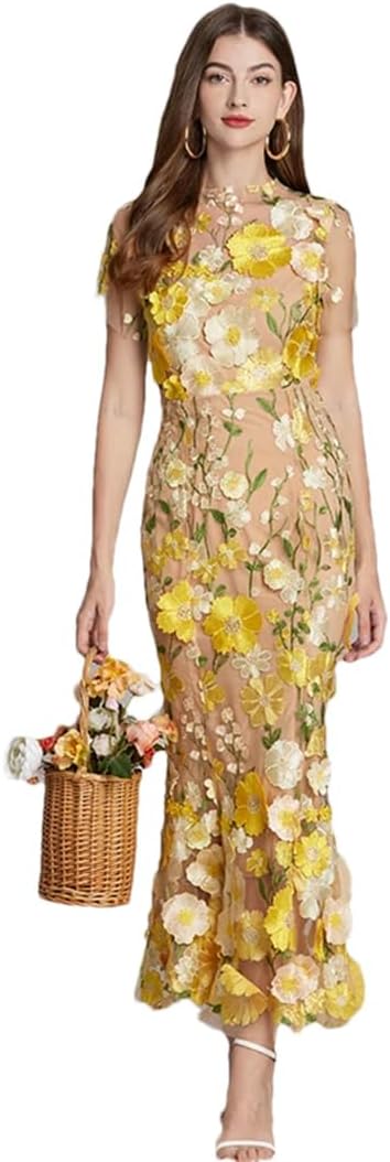 Women Summer French 3D Flower Fishtail Short Sleeve Long Dresses Bodycon Holiday Embroidery Prom Dress