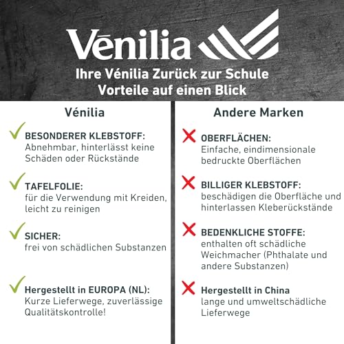 Venilia Tafelfolie selbstklebend | Kreidefolie Kühlschrank Tafel Schwarz Matt | 45cm x 1,5m, Stärke 150μ | Multifunktionstafel-Folie, Küchenfolie | ohne Phthalate | Made in EU