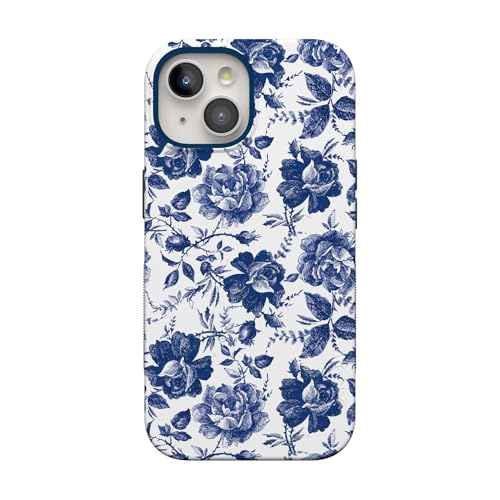 Casely iPhone 15 Case | Rose to Fame | Blue & White Floral | Bold Protective Design | Compatible with MagSafe