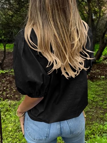 Image of Tankaneo Women's Button Down Shirts Short Puff Sleeve Collared Dressy Casual Blouse Tops