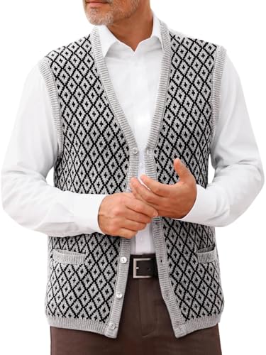 Runcati Mens Sleeveless Sweater Vest V Neck Button Down Cardigan Sweaters Knitted Argyle Vest with Pocket