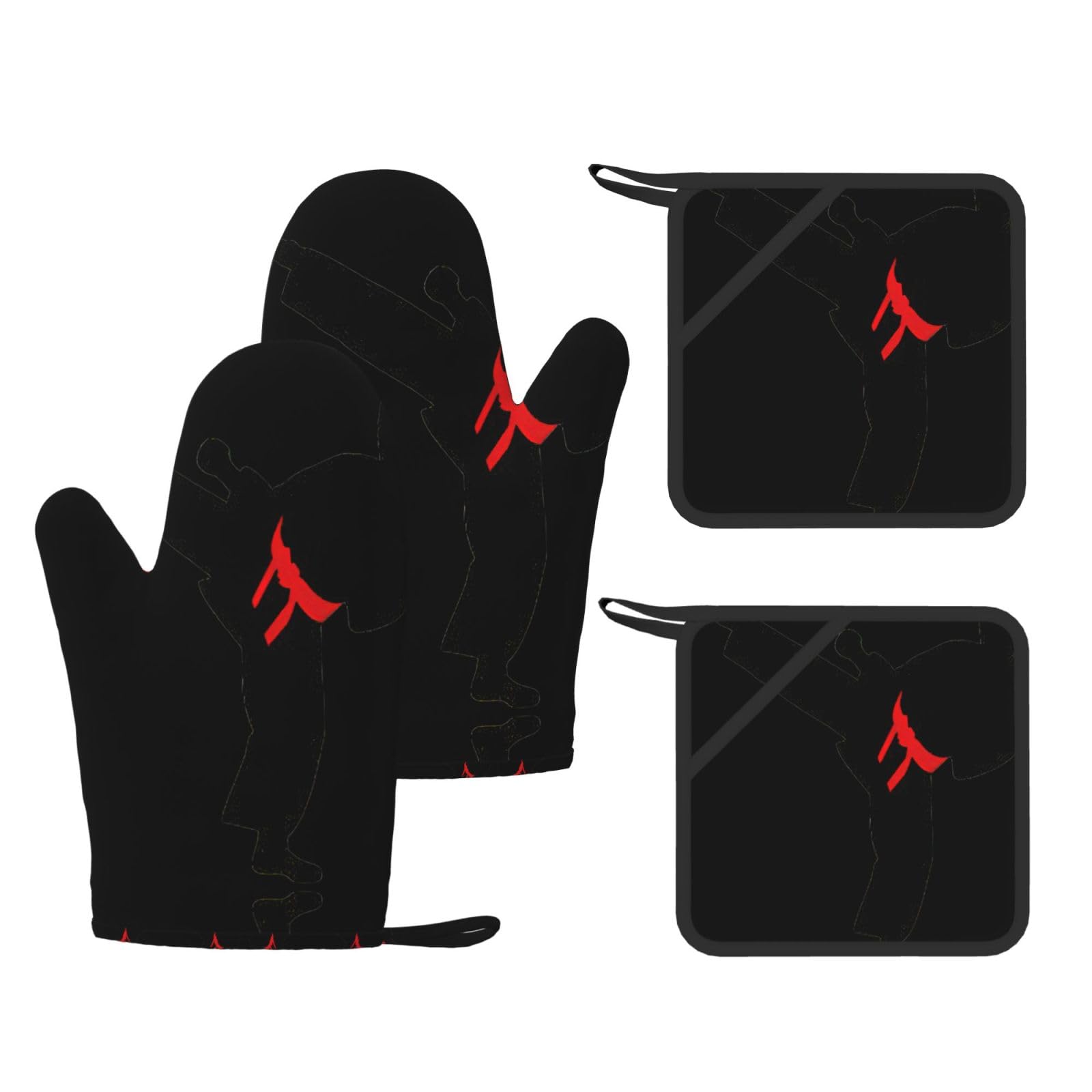 Karate Boy Vector Changeable Belt Color Printed Oven Gloves and Hot Pads Set of 4, High Heat Resistant Silicone Mitts for Cooking BBQ