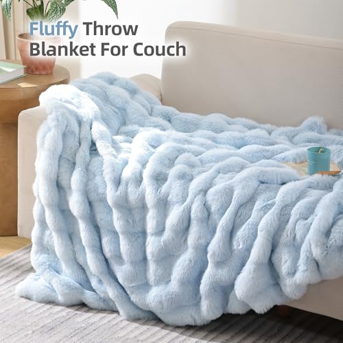 Smoofy Faux Fur Throw Blanket for Couch Rabbit Fleece - Light Blue Fluffy Blanket for Sofa Bedroom Living Room, Cozy Soft Plush Luxury Thick Winter Fuzzy Comfy Bubble Blanket - 60" x 80"