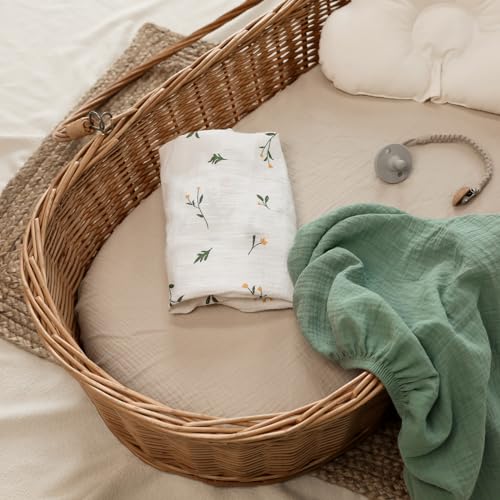 Image of Gllquen Baby Muslin Bassinet Sheets 3pk, Soft Cotton Baby Sheet Boy, 33x17 | Breathable Cozy Bassinet Mattress Fitted Sheet, Compatible with Halo Bassinest Swivel Sleeper, Snoo, Baby Delight, Green Leaf