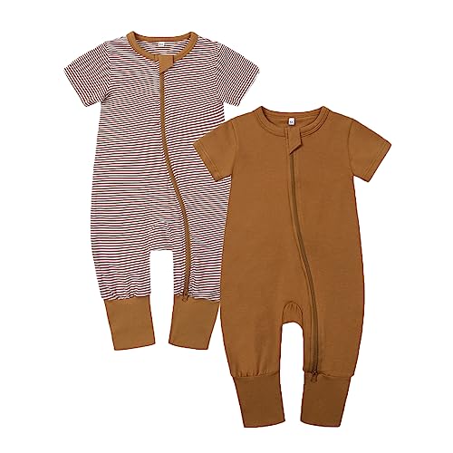 Image of BeiVSlley Baby Boy Girl's 2 Pack Summer Short Sleeve Rompers Infant Cotton Coveralls Toddler Zip front Outfits Clothes