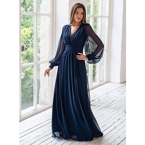Long Sleeve Bridesmaid Dresses for Women V-Neck Formal Dress Pleated A Line Chiffon Evening Prom Gown2