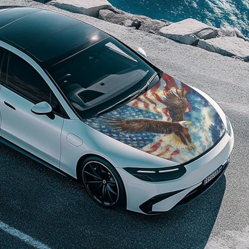 Image of Eagle American Flag Painting Pattern Car Hood Cover Elastic Fabrics Car Bonnet Banner, 59.05 inchx39.37 inch, Premium Sublimation Print Automotive Hood Covers with Strape Reinforcement
