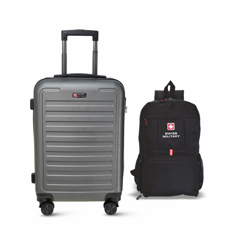 Image of SWISS MILITARY Contour Luggage Bag 42L & Foldable Backpack 13.2L Combo | Textured Hard-Sided Trolley Bag,Cabin Luggage, Overnighter Trolley Bags| Foldable Bag for Travel | Bagpacker Bag