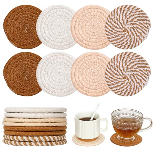 Image of HASTHIP 8 Pcs Absorbent Cotton Drink Coaster Set, 4.3 Inch, 4 Colors