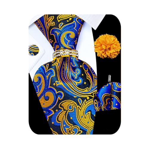 Image of 5PCS Tie and Pocket Square for Men, Silk Necktie and Handkerchief Cufflinks with Gold Ring and Lapel Pin Set
